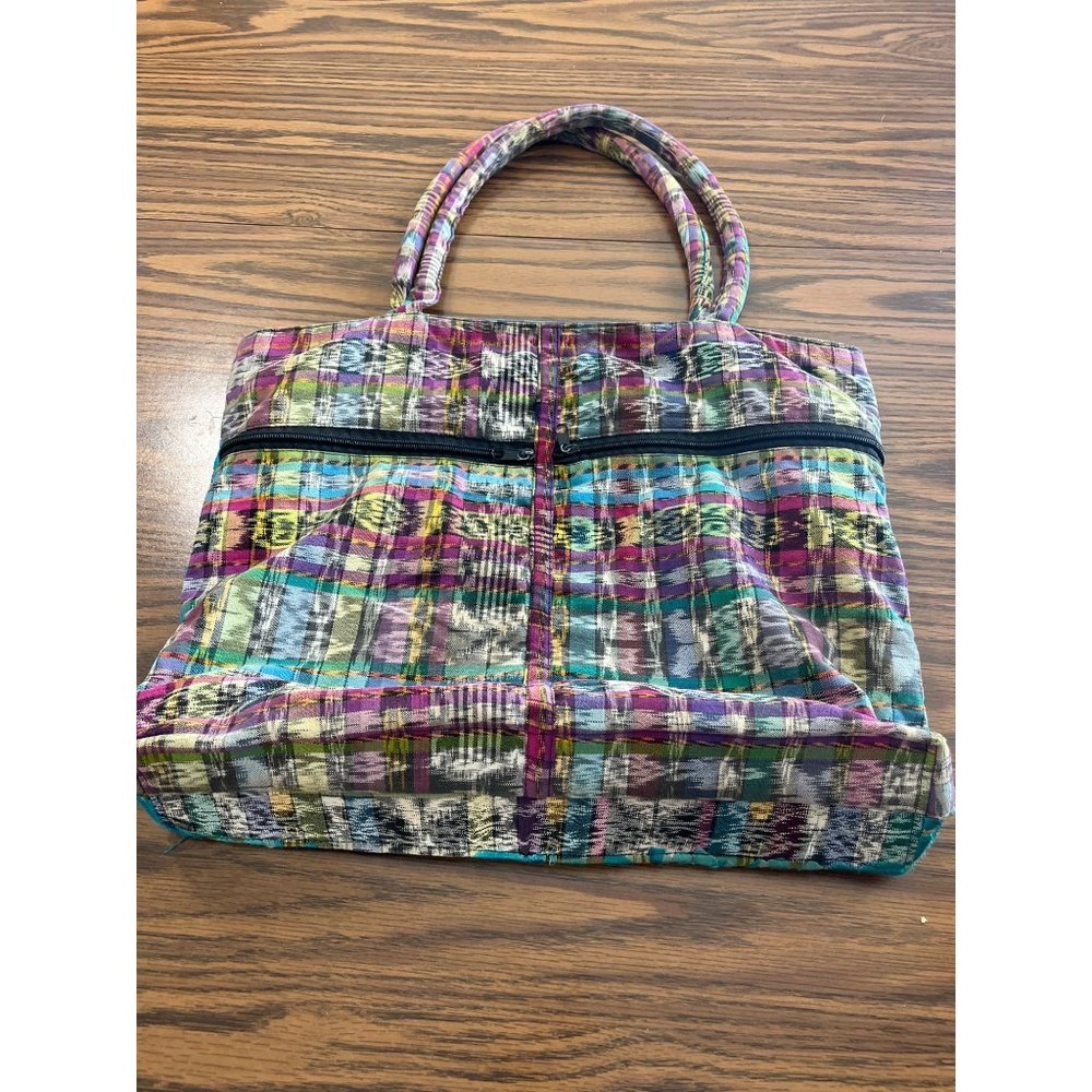Embroidered blue floral cloth satchel bag with zipper pockets